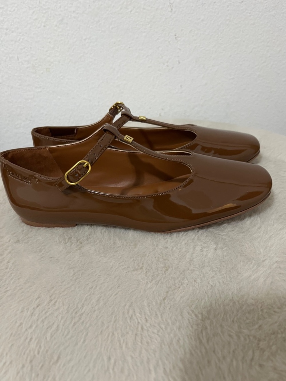 Franco Sarto Patent Chestnut T‑Strap Flats with Gold Buckle